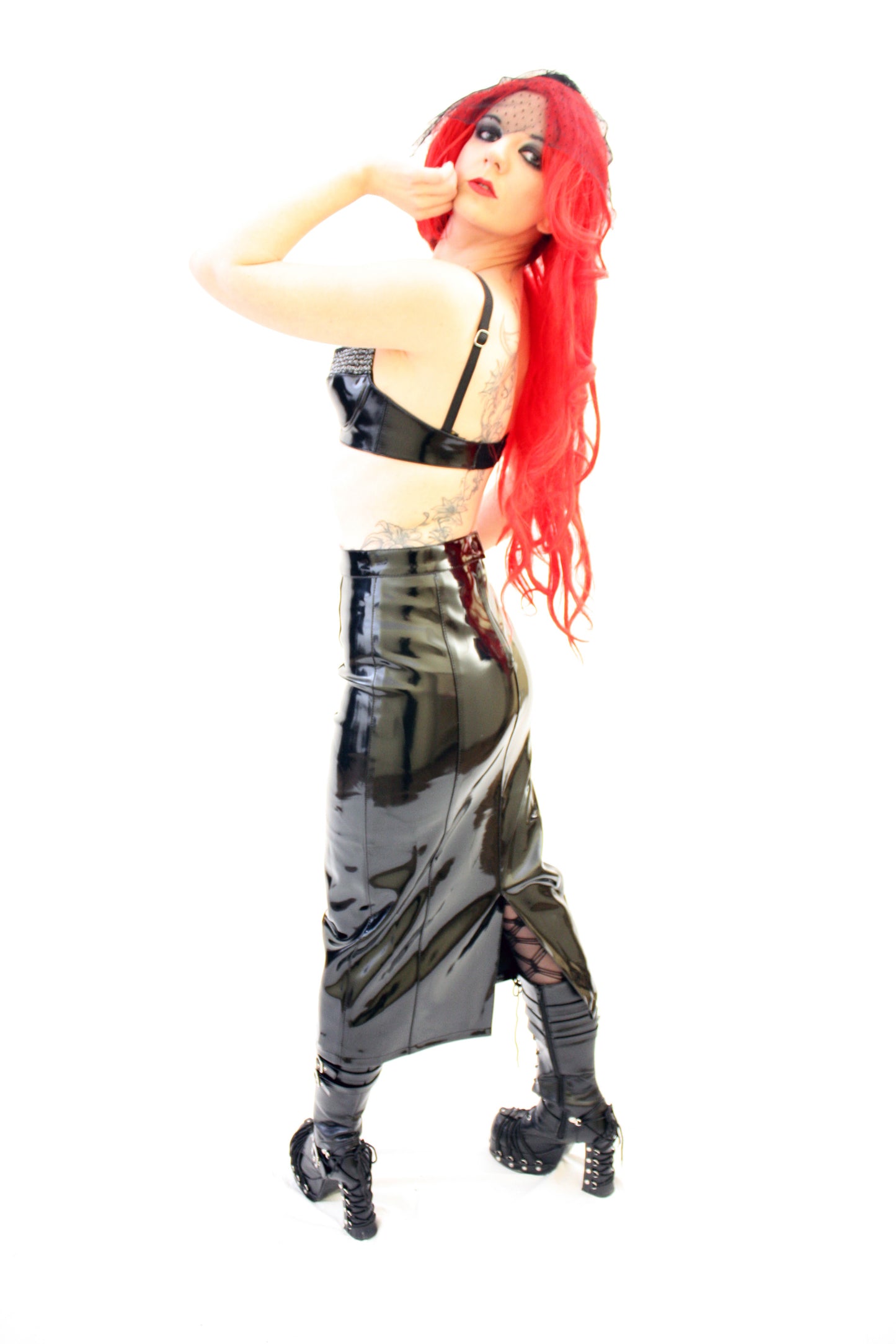 Lack Rock in Vinyl Qualität wadenlang 86 cm lang schwarz alle Größen Gehschlitz