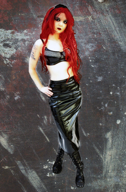 Lack Rock in Vinyl Qualität wadenlang 86 cm lang schwarz alle Größen Gehschlitz