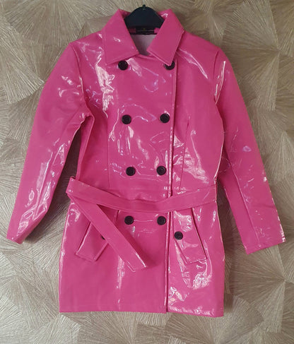 Lack Trenchcoat Damen Vinyl Jacke Mantel Doppelknopfleiste Bindegürte div. Farbe