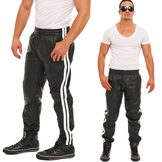 Echt Leder Hose Jogginghose weiches Rindsleder Nappaleder Tunnelbund schwarz weiße Streifen