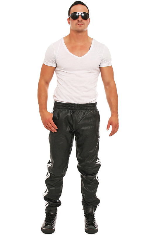 Echt Leder Hose Jogginghose weiches Rindsleder Nappaleder Tunnelbund schwarz weiße Streifen