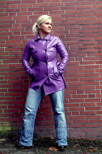 Lack Trenchcoat Damen Vinyl Jacke Mantel Doppelknopfleiste Bindegürte div. Farbe