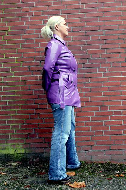 Lack Trenchcoat Damen Vinyl Jacke Mantel Doppelknopfleiste Bindegürte div. Farbe