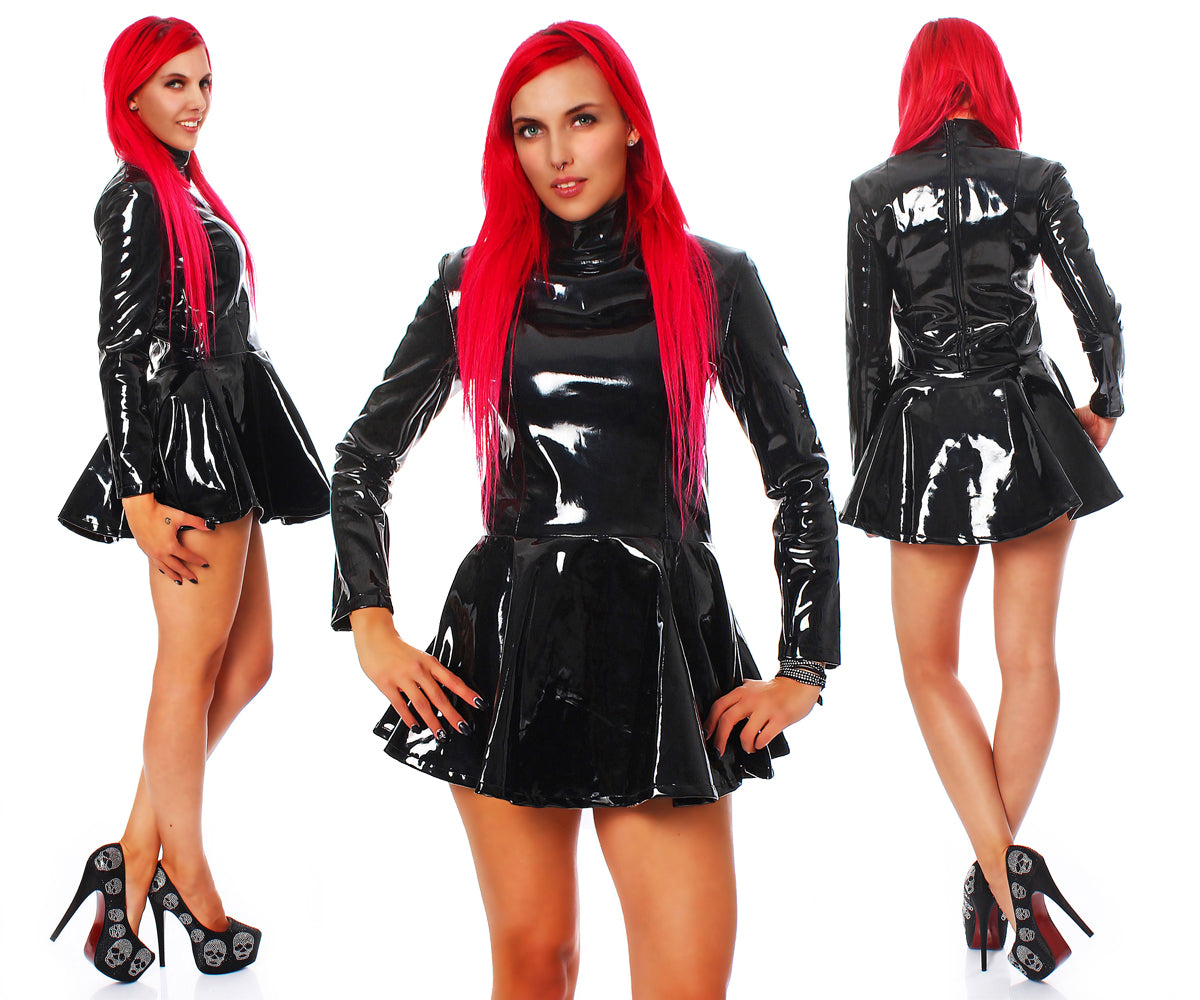 Lack Kleid Vinyl Qualität schwarz ausgestellt langarmig Zipper Gr S M L XL XXL