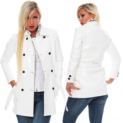 Lack Trenchcoat Damen Vinyl Jacke Mantel Doppelknopfleiste Bindegürte div. Farbe