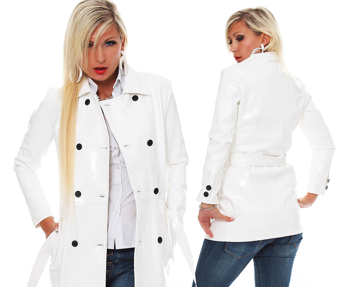 Lack Trenchcoat Damen Vinyl Jacke Mantel Doppelknopfleiste Bindegürte div. Farbe