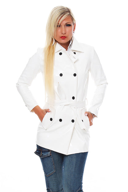 Lack Trenchcoat Damen Vinyl Jacke Mantel Doppelknopfleiste Bindegürte div. Farbe