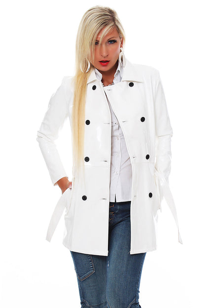 Lack Trenchcoat Damen Vinyl Jacke Mantel Doppelknopfleiste Bindegürte div. Farbe