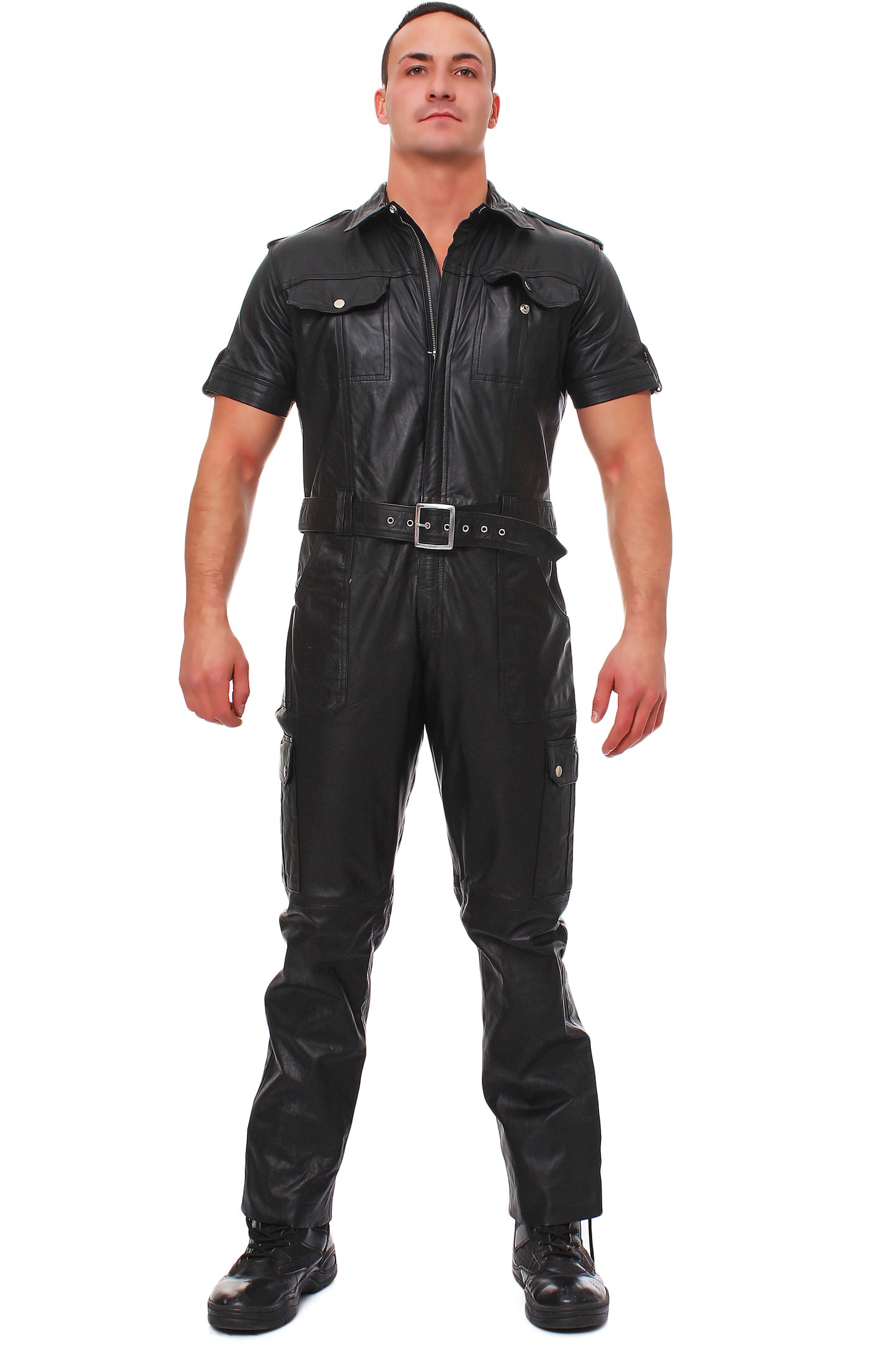 Echt Leder Overall Catsuit Anzug weiches Rindsleder Brust Eingriff Seiten Tasche