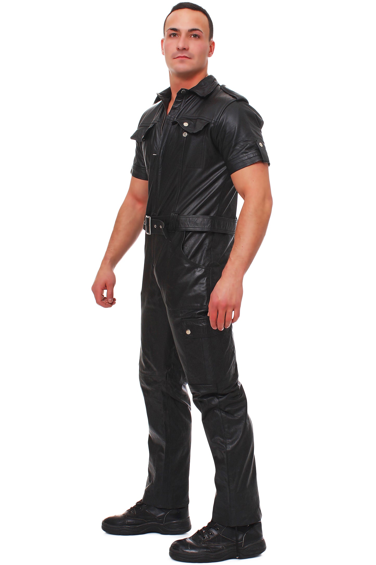 Echt Leder Overall Catsuit Anzug weiches Rindsleder Brust Eingriff Seiten Tasche