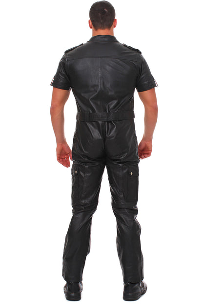 Echt Leder Overall Catsuit Anzug weiches Rindsleder Brust Eingriff Seiten Tasche