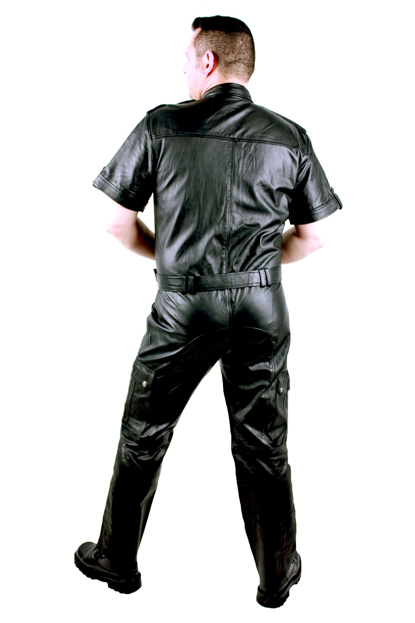 Echt Leder Overall Catsuit Anzug weiches Rindsleder Brust Eingriff Seiten Tasche