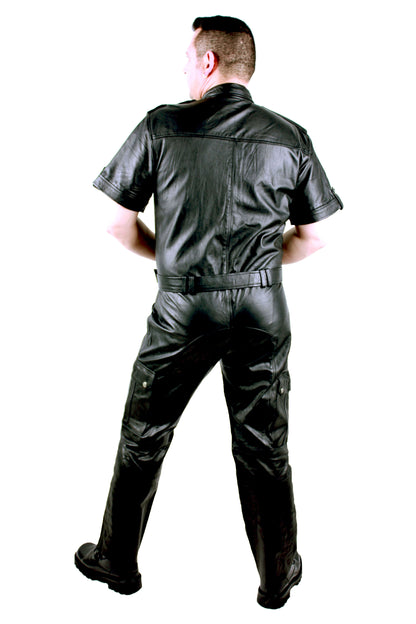 Echt Leder Overall Catsuit Anzug weiches Rindsleder Brust Eingriff Seiten Tasche