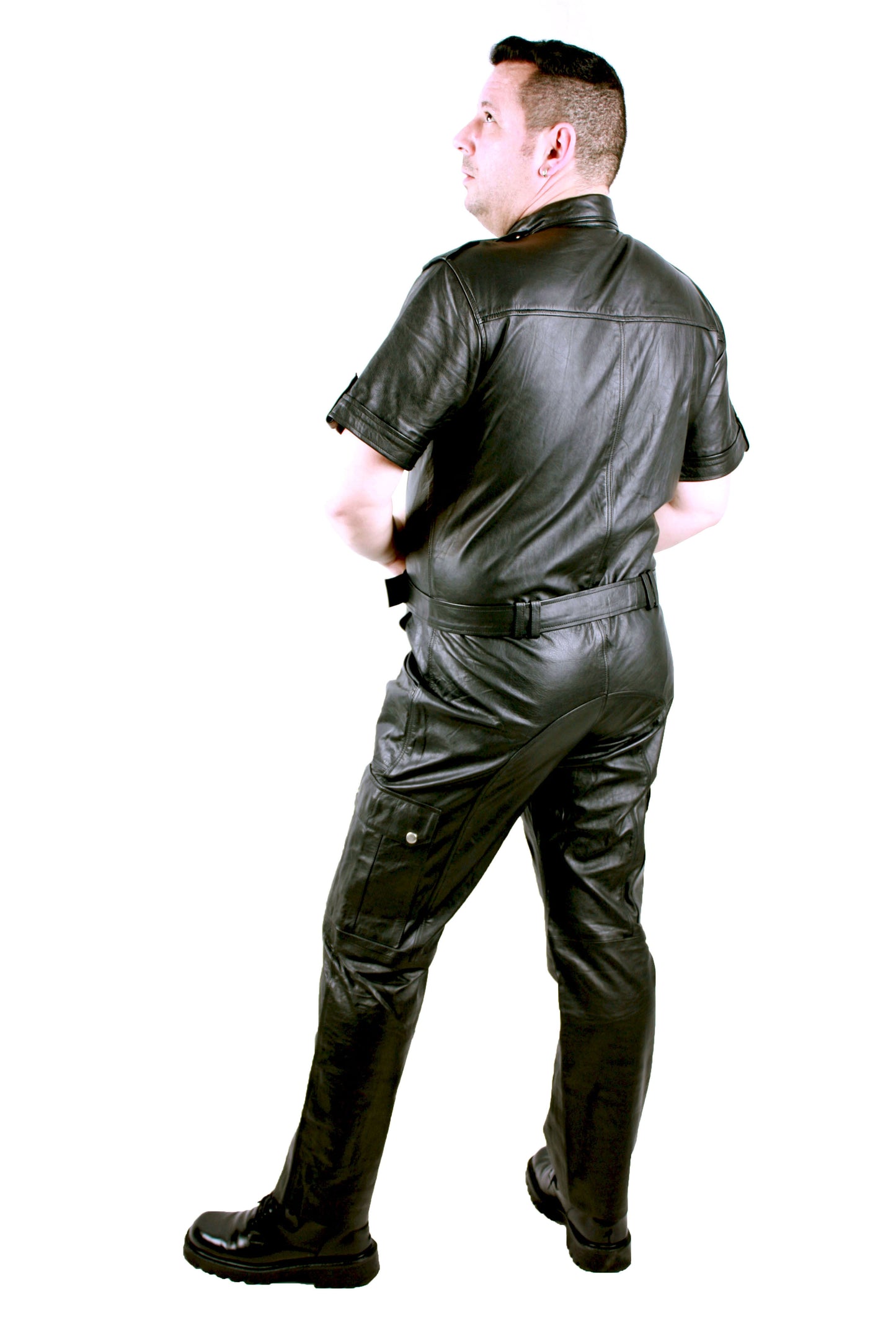 Echt Leder Overall Catsuit Anzug weiches Rindsleder Brust Eingriff Seiten Tasche