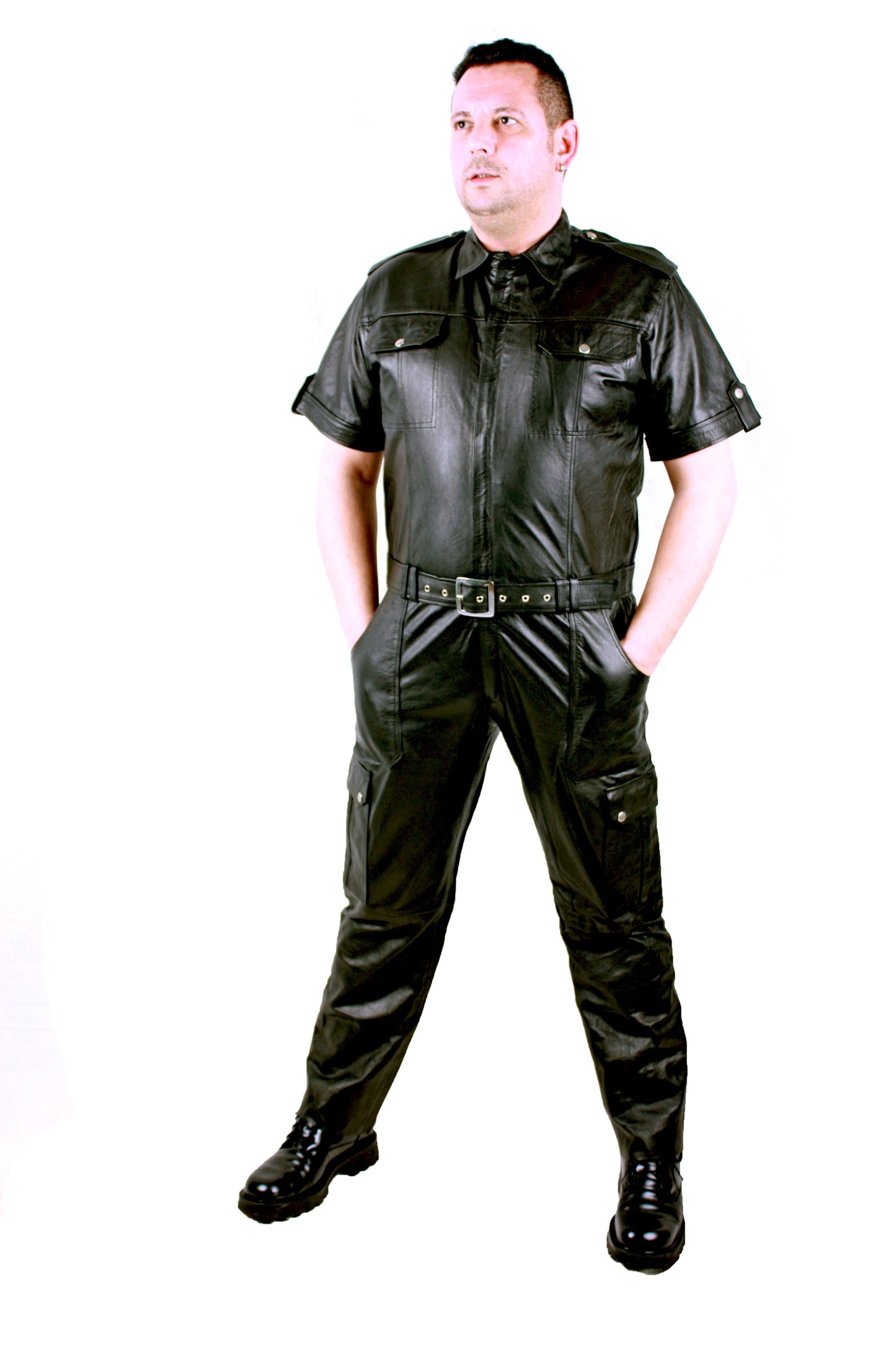 Echt Leder Overall Catsuit Anzug weiches Rindsleder Brust Eingriff Seiten Tasche