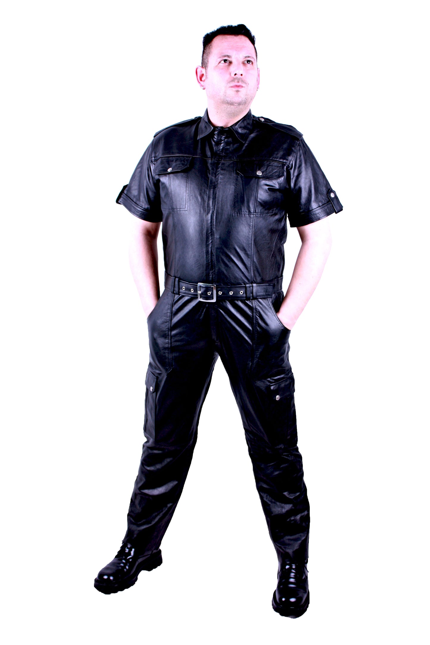 Echt Leder Overall Catsuit Anzug weiches Rindsleder Brust Eingriff Seiten Tasche