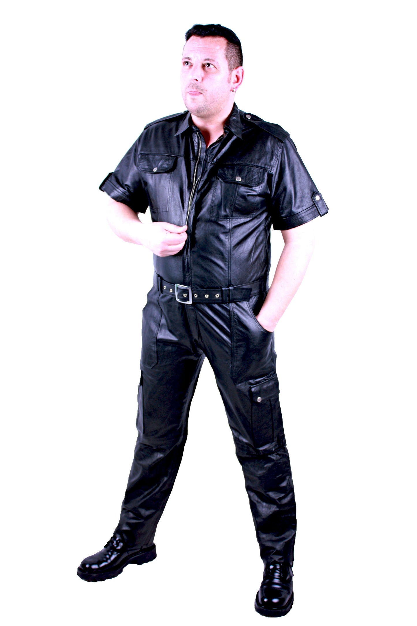 Echt Leder Overall Catsuit Anzug weiches Rindsleder Brust Eingriff Seiten Tasche