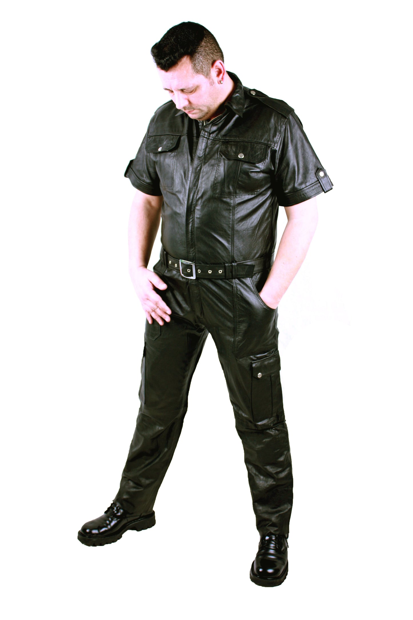 Echt Leder Overall Catsuit Anzug weiches Rindsleder Brust Eingriff Seiten Tasche