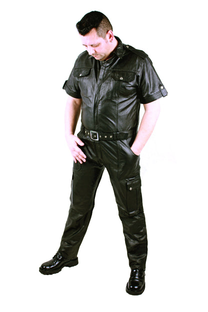 Echt Leder Overall Catsuit Anzug weiches Rindsleder Brust Eingriff Seiten Tasche