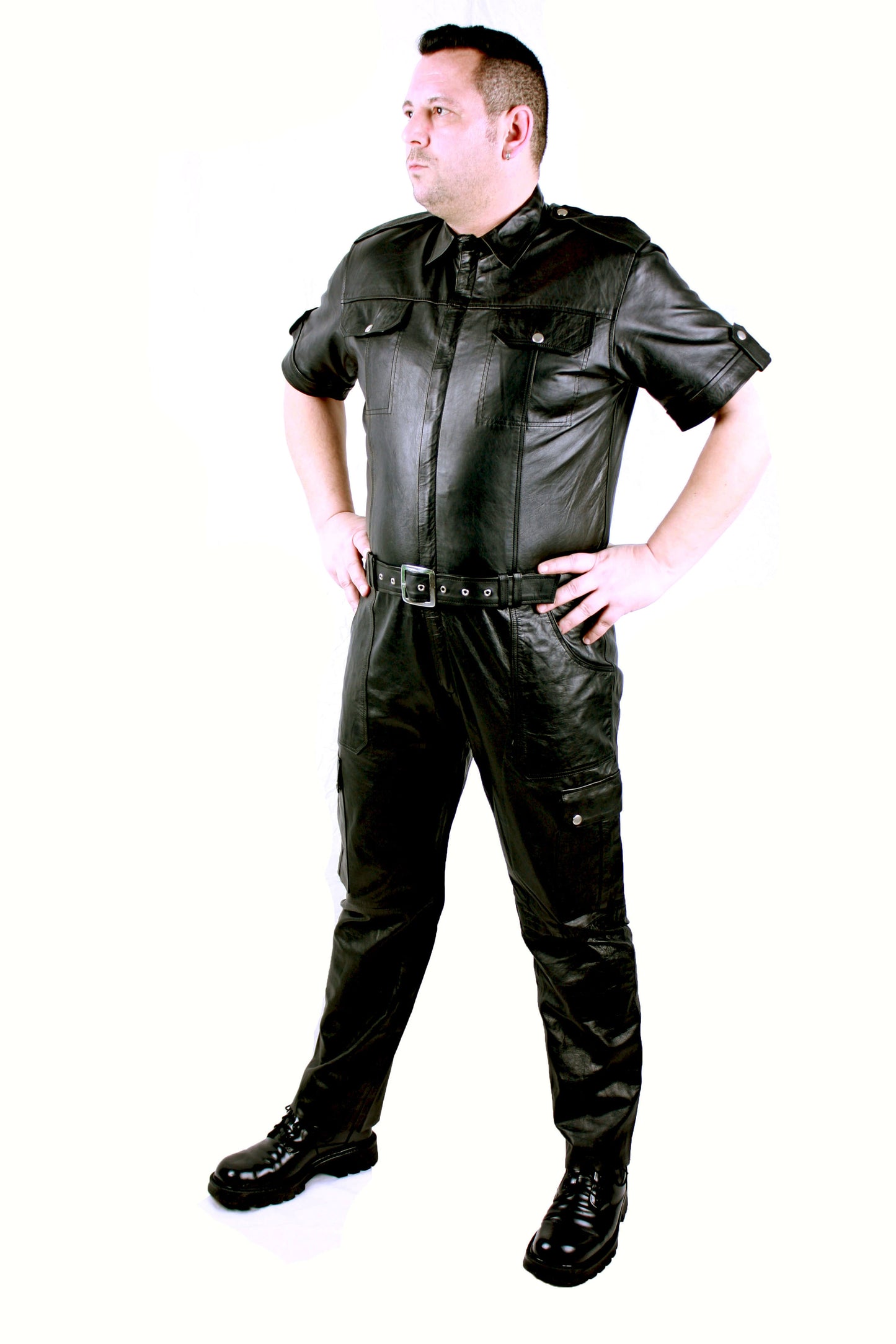 Echt Leder Overall Catsuit Anzug weiches Rindsleder Brust Eingriff Seiten Tasche