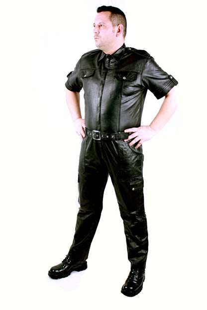 Echt Leder Overall Catsuit Anzug weiches Rindsleder Brust Eingriff Seiten Tasche