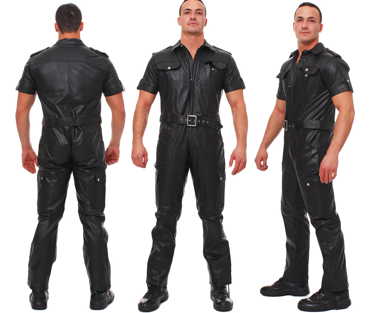 Echt Leder Overall Catsuit Anzug weiches Rindsleder Brust Eingriff Seiten Tasche