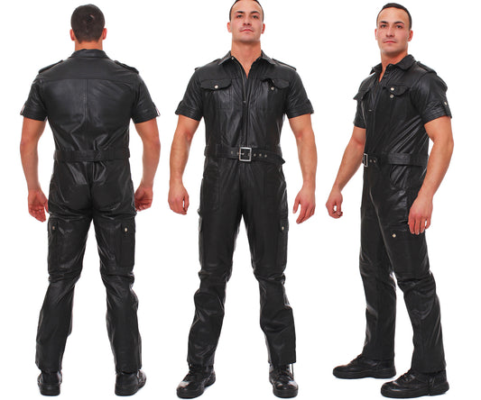 Echt Leder Overall Catsuit Anzug weiches Rindsleder Brust Eingriff Seiten Tasche