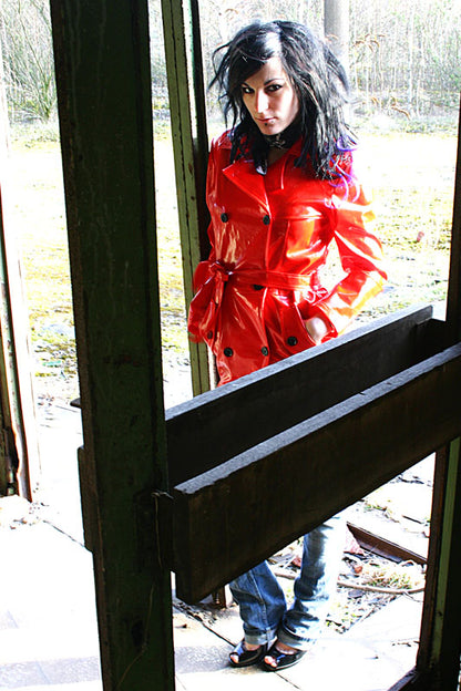 Lack Trenchcoat Damen Vinyl Jacke Mantel Doppelknopfleiste Bindegürte div. Farbe