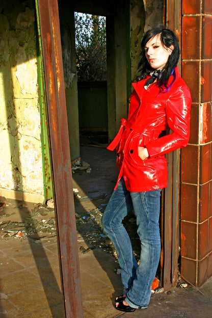 Lack Trenchcoat Damen Vinyl Jacke Mantel Doppelknopfleiste Bindegürte div. Farbe