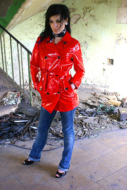 Lack Trenchcoat Damen Vinyl Jacke Mantel Doppelknopfleiste Bindegürte div. Farbe