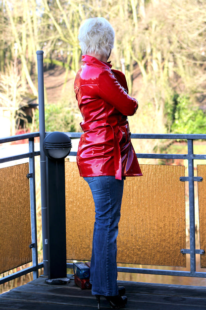 Lack Trenchcoat Damen Vinyl Jacke Mantel Doppelknopfleiste Bindegürte div. Farbe