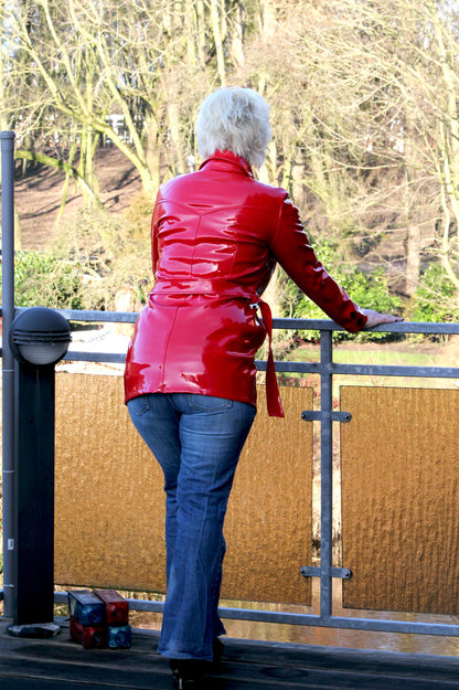 Lack Trenchcoat Damen Vinyl Jacke Mantel Doppelknopfleiste Bindegürte div. Farbe