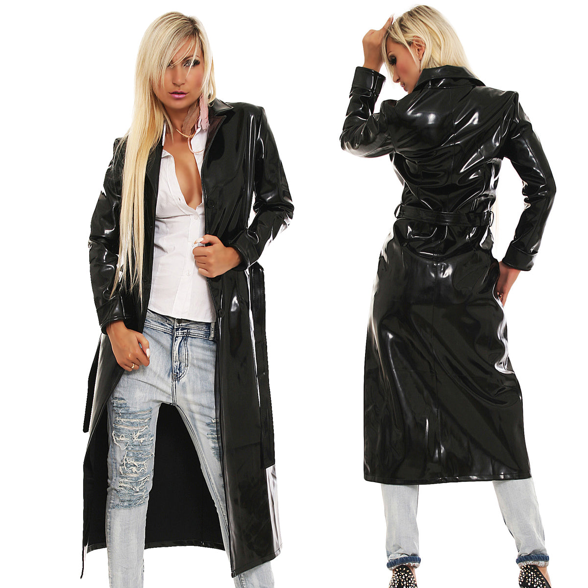Damen langer Lack Mantel in Vinyl Qualität Knopfleiste Bindegürtel diverse Farbe