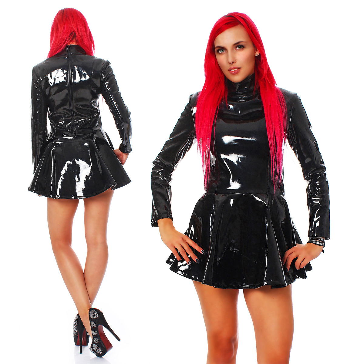 Lack Kleid Vinyl Qualität schwarz ausgestellt langarmig Zipper Gr S M L XL XXL