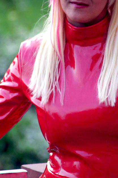 Lack Kleid Vinyl Qualität rot ausgestellt langarmig Reißverschluss S M L XL XXL