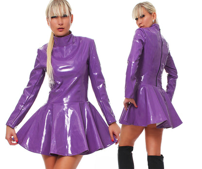 Lack Kleid Vinyl Qualität Lila ausgestellt langarmig Reißverschluss S M L XL XXL