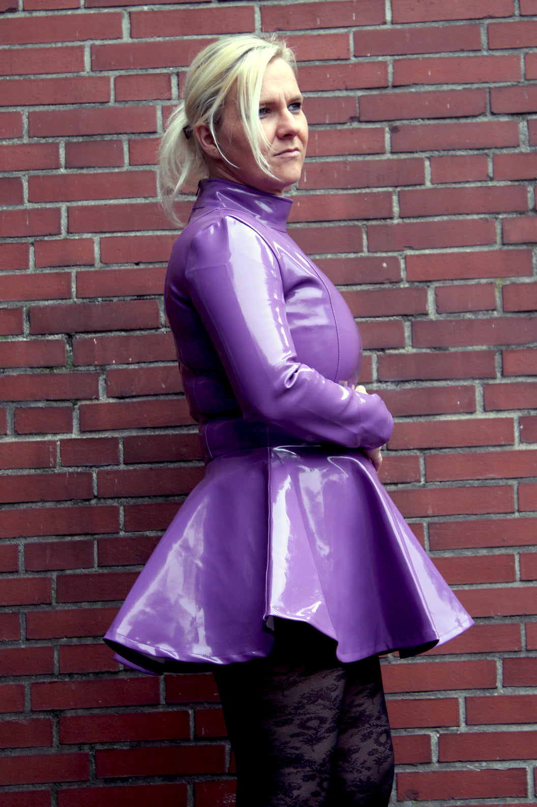 Lack Kleid Vinyl Qualität Lila ausgestellt langarmig Reißverschluss S M L XL XXL