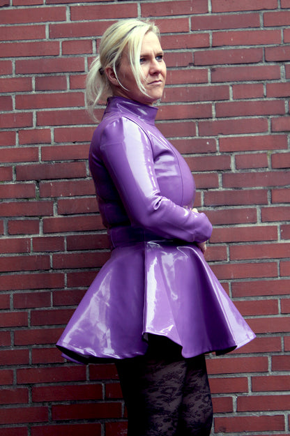 Lack Kleid Vinyl Qualität Lila ausgestellt langarmig Reißverschluss S M L XL XXL