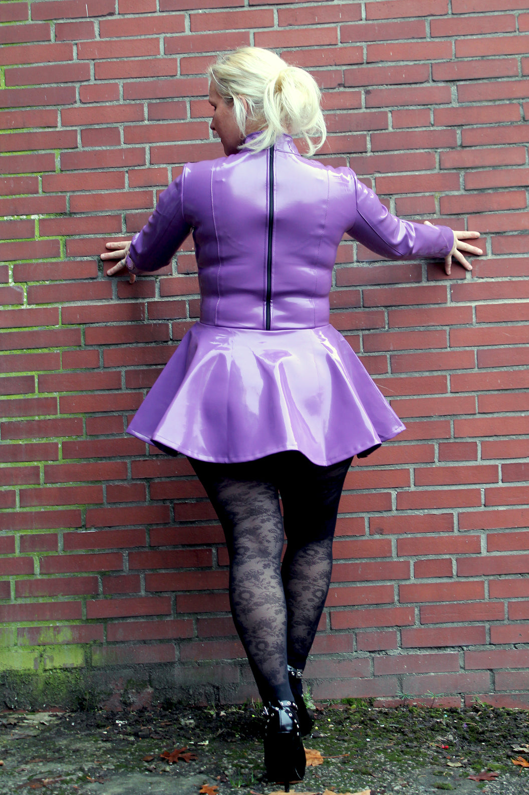 Lack Kleid Vinyl Qualität Lila ausgestellt langarmig Reißverschluss S M L XL XXL