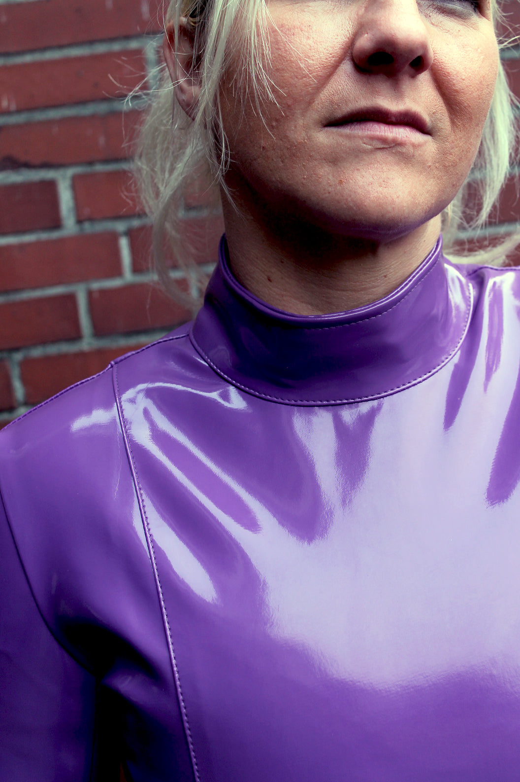 Lack Kleid Vinyl Qualität Lila ausgestellt langarmig Reißverschluss S M L XL XXL