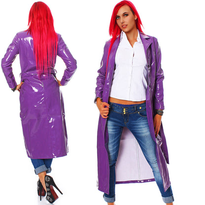 Damen langer Lack Mantel in Vinyl Qualität Knopfleiste Bindegürtel diverse Farbe
