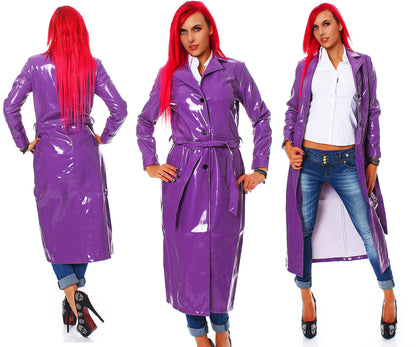 Damen langer Lack Mantel in Vinyl Qualität Knopfleiste Bindegürtel diverse Farbe