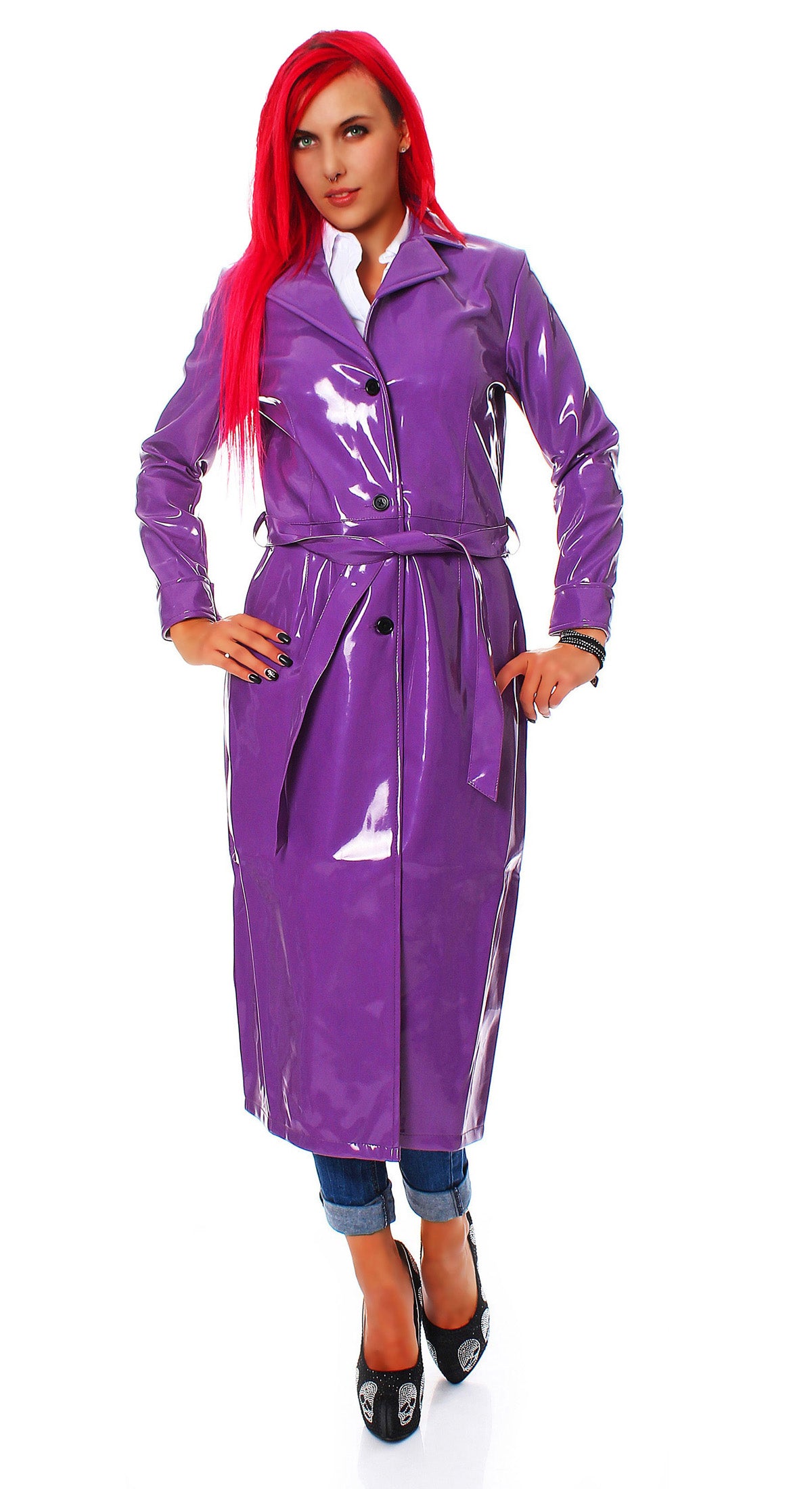 Damen langer Lack Mantel in Vinyl Qualität Knopfleiste Bindegürtel diverse Farbe