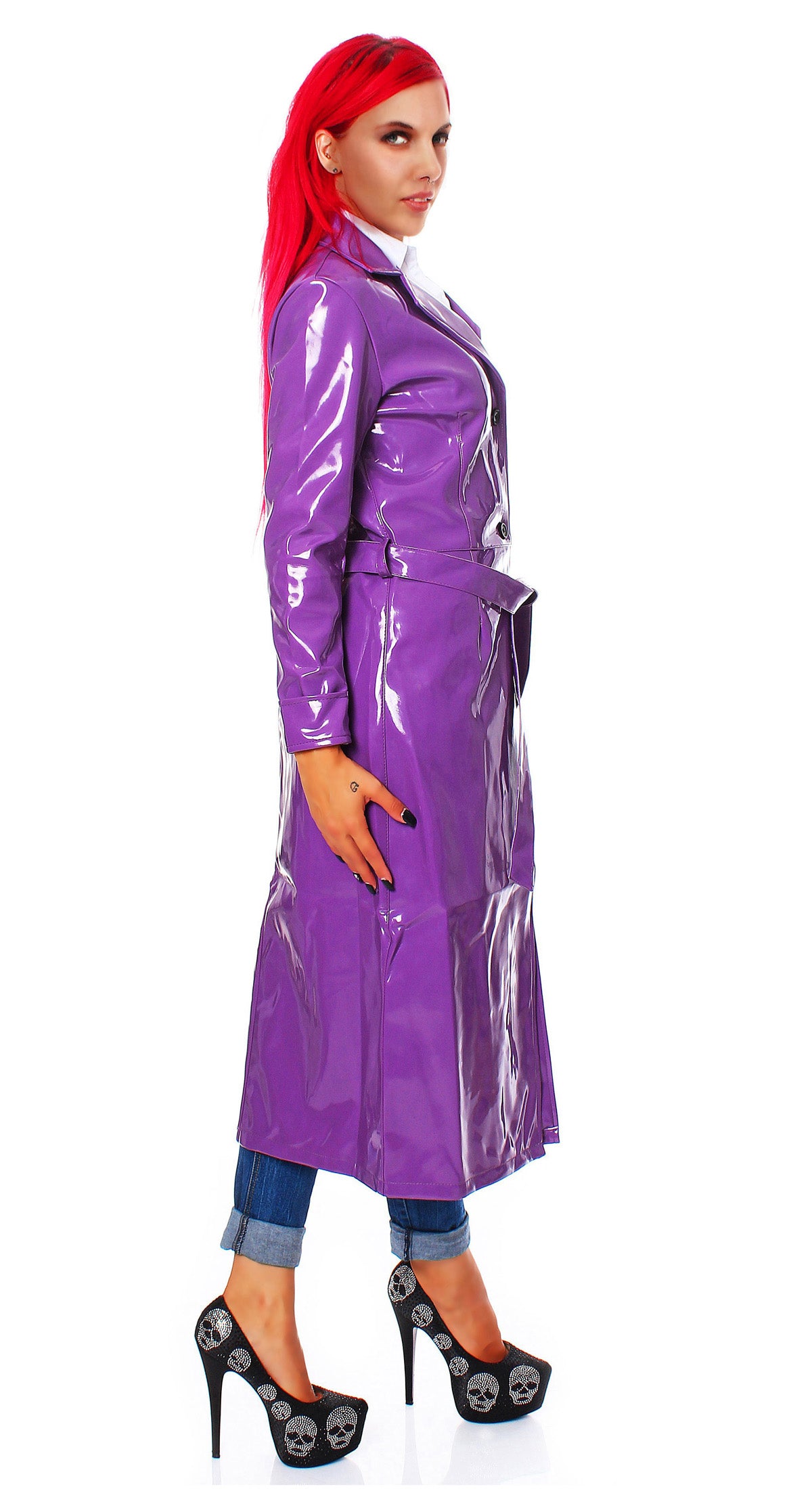 Damen langer Lack Mantel in Vinyl Qualität Knopfleiste Bindegürtel diverse Farbe