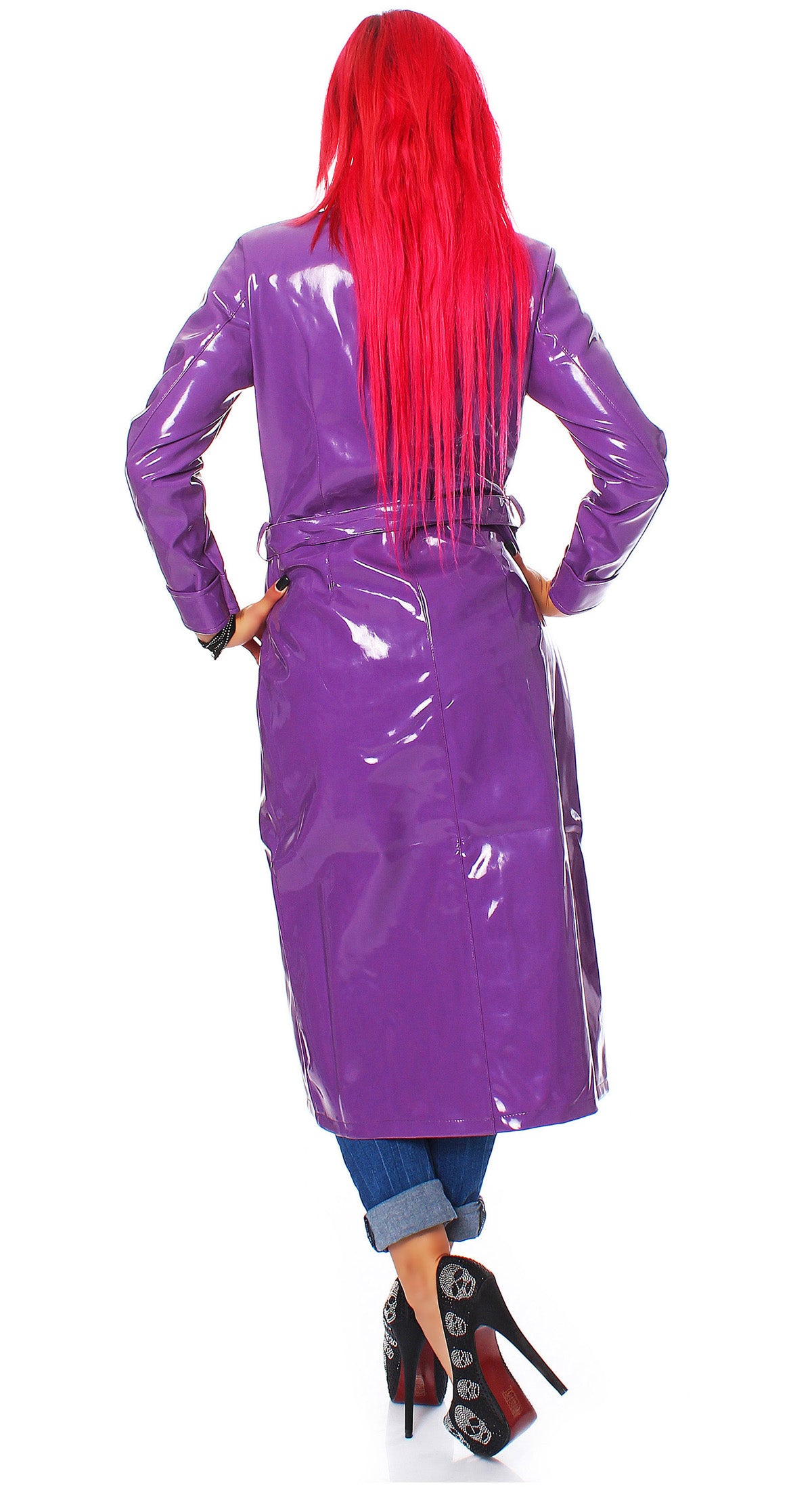 Damen langer Lack Mantel in Vinyl Qualität Knopfleiste Bindegürtel diverse Farbe