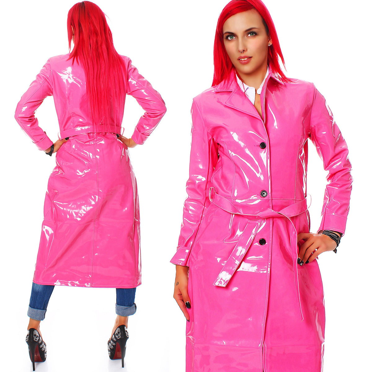Damen langer Lack Mantel in Vinyl Qualität Knopfleiste Bindegürtel diverse Farbe