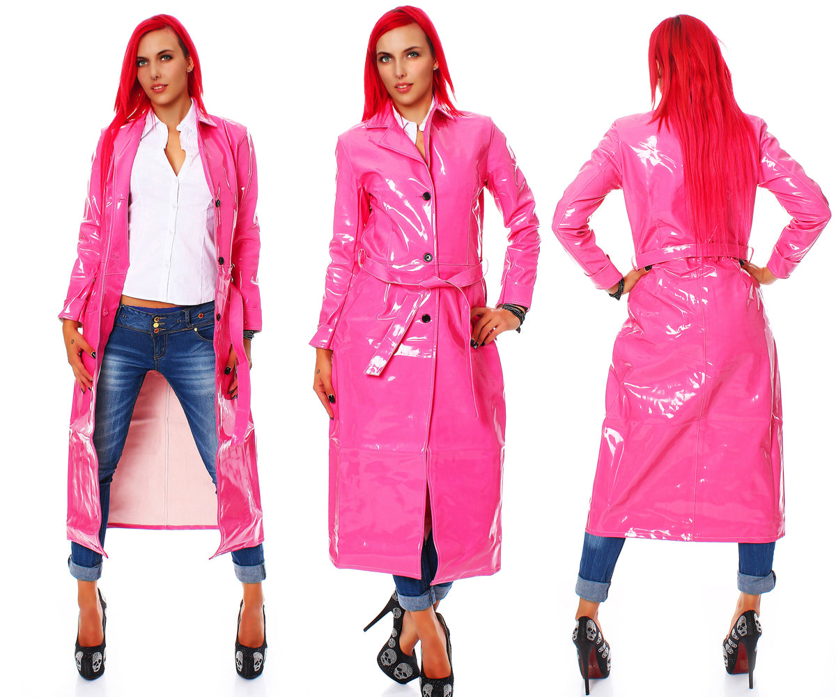Damen langer Lack Mantel in Vinyl Qualität Knopfleiste Bindegürtel diverse Farbe