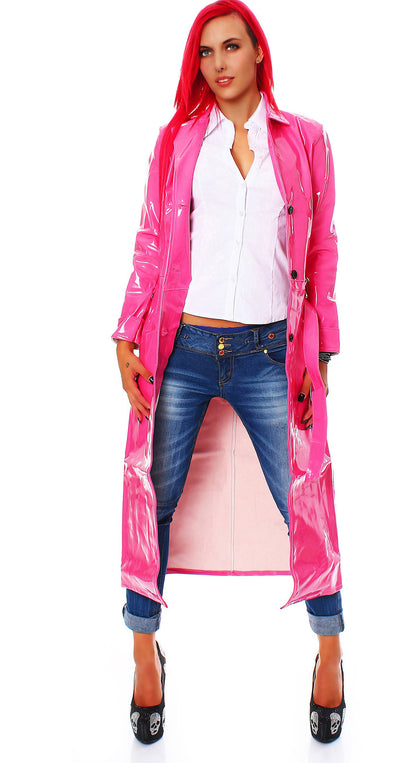 Damen langer Lack Mantel in Vinyl Qualität Knopfleiste Bindegürtel diverse Farbe