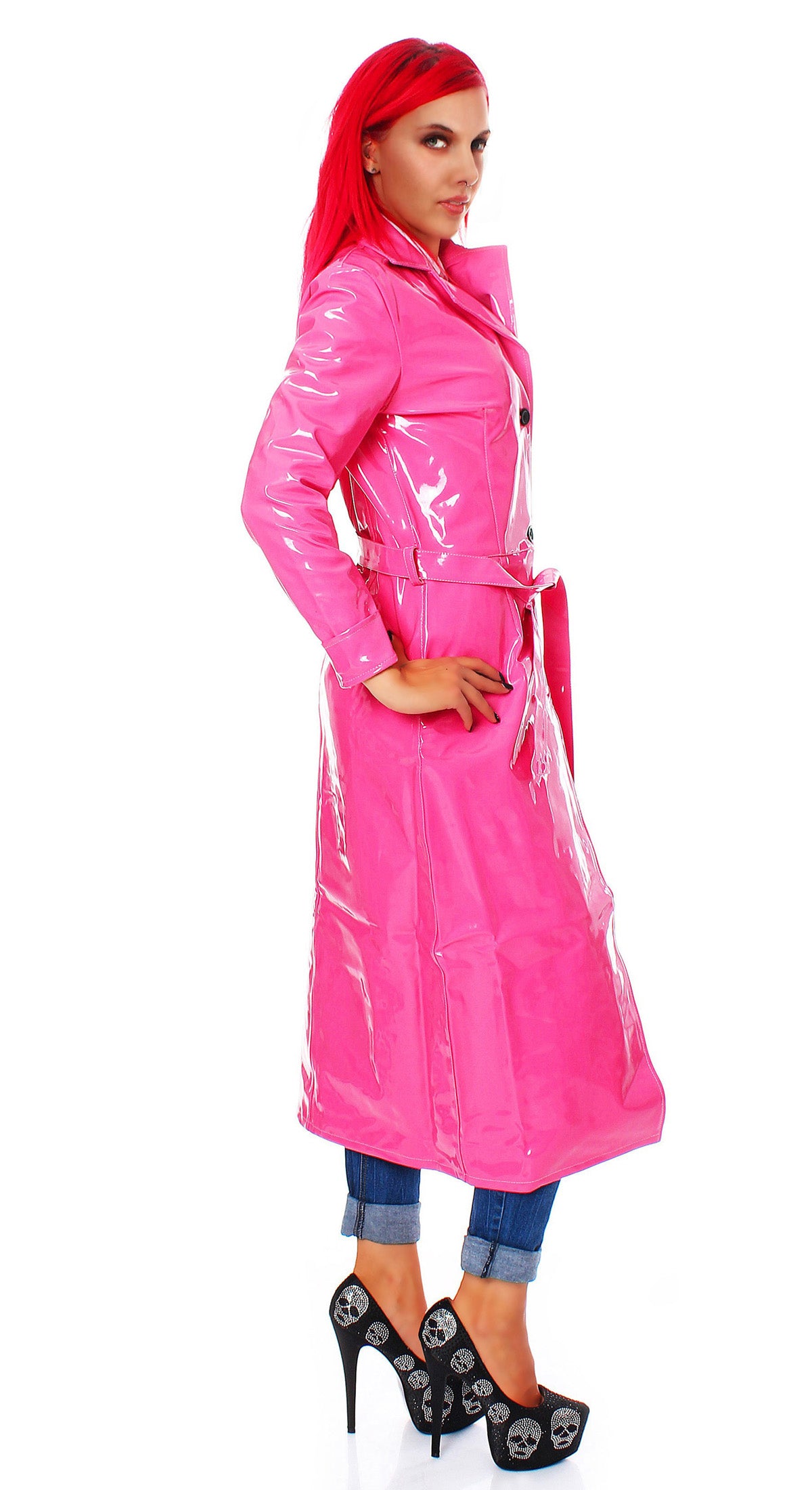 Damen langer Lack Mantel in Vinyl Qualität Knopfleiste Bindegürtel diverse Farbe