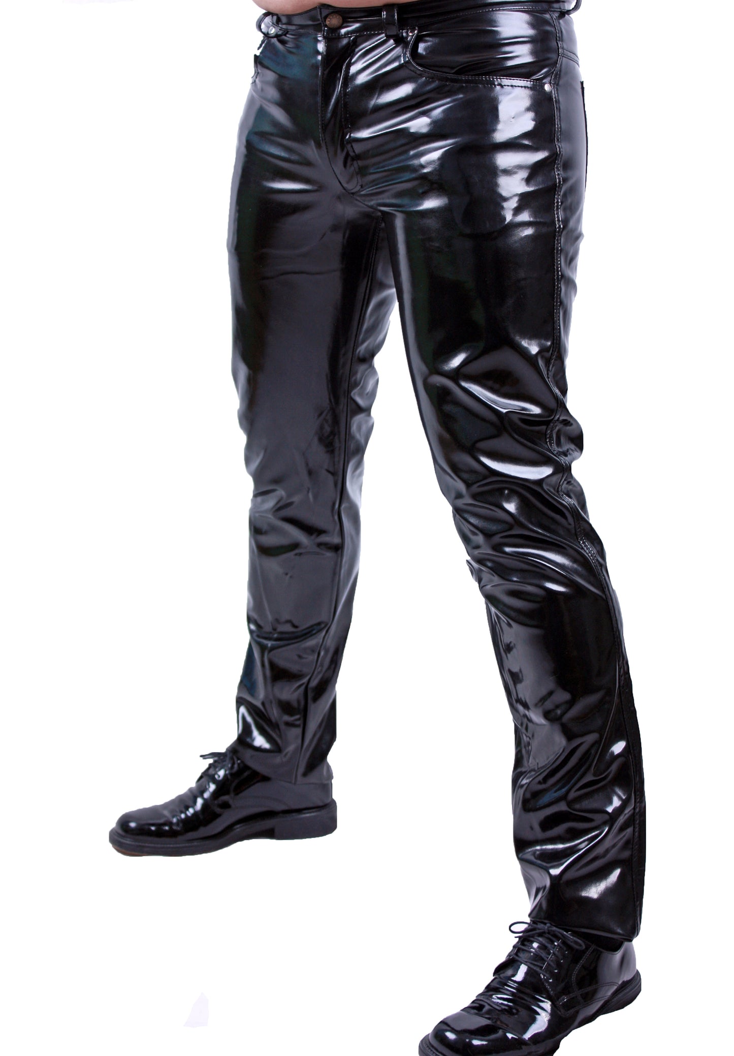 Lack Hose in Vinyl Qualität schwarz 5 Pocket Style Knopfleiste in alle Größen